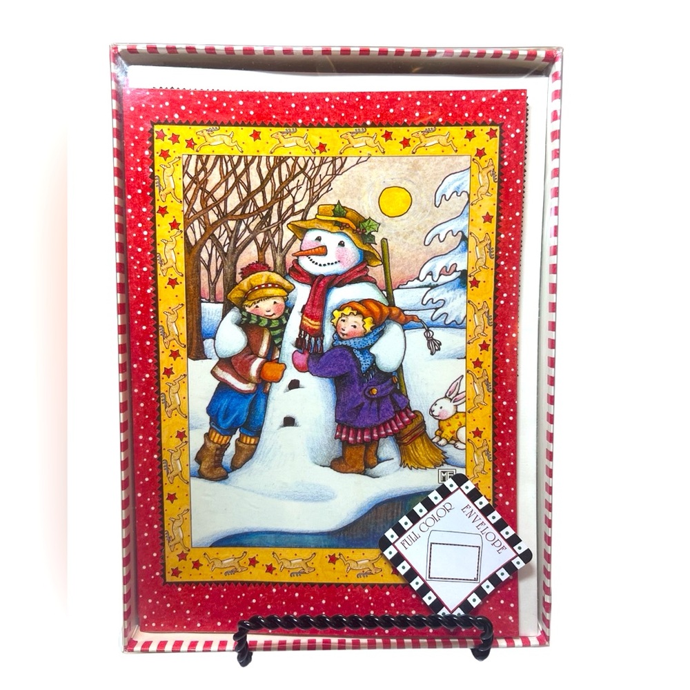 15 Vintage Christmas Cards Featuring a Snowman & Kids with Pattern Envelopes.
